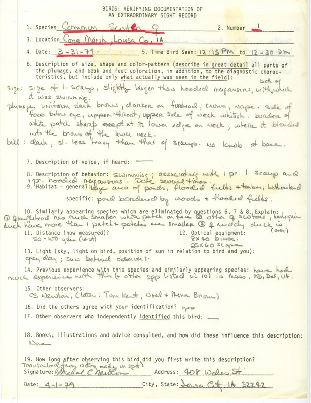 Rare bird documentation for a Black Scoter at Cone March in Louisa County, IA on March 31, 1979.