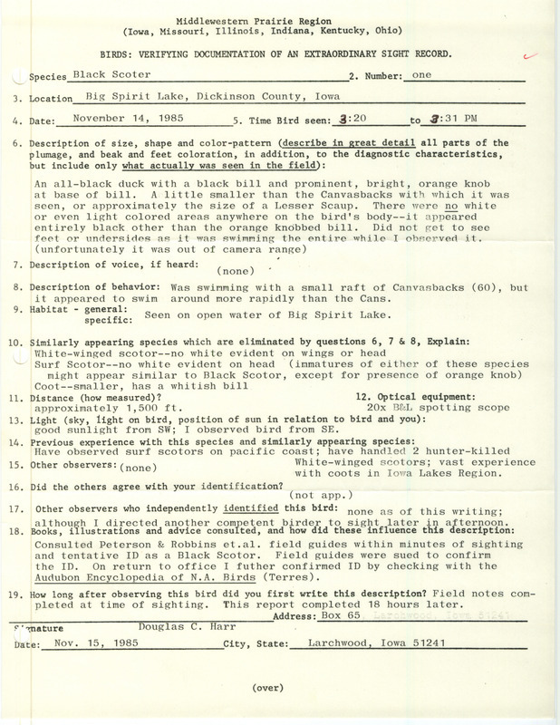 Rare bird documentation form for a Black Scoter at Big Spirit Lake in Dickinson County, IA on November 14, 1985.