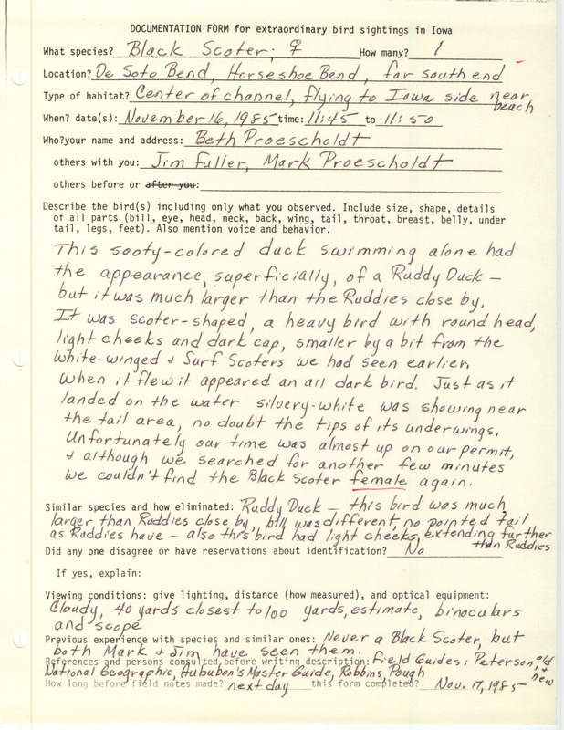 Rare bird documentation form for a Black Scoter at DeSoto Bend in Harrison County, IA on November 16, 1985.