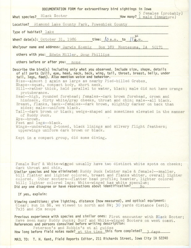 Rare bird documentation form for six Black Scoters at Diamond Lake County Park in Poweshiek County, IA on October 31, 1986.