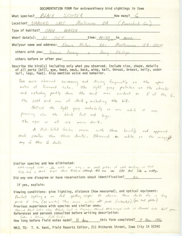 Rare bird documentation form for six Black Scoters at Diamond Lake in Poweshiek County, IA on October 31, 1986.