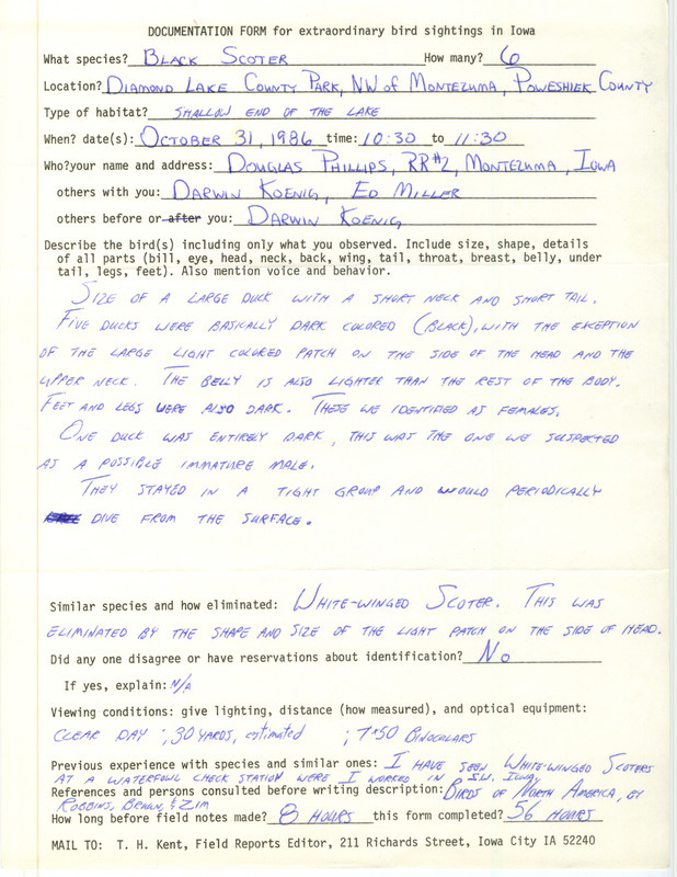 Rare bird documentation form for six Black Scoters at Diamond Lake County Park in Poweshiek County, IA on October 31, 1986.