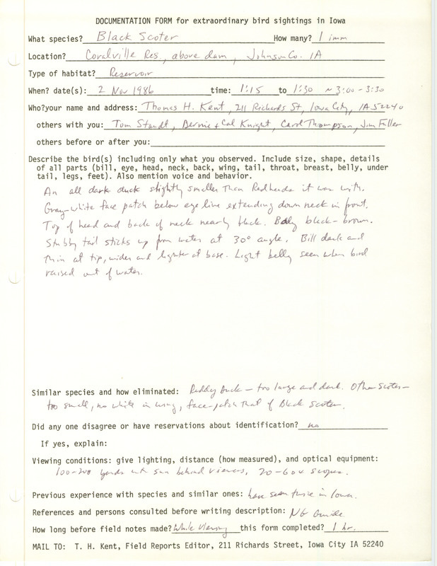 Rare bird documentation form for a Black Scoter at Coralville Reservoir in Johnson County, IA on November 2, 1986.