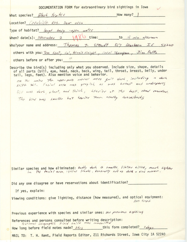 Rare bird documentation form for a Black Scoter at Coralville Reservoir in Johnson County, IA on November 2, 1986.