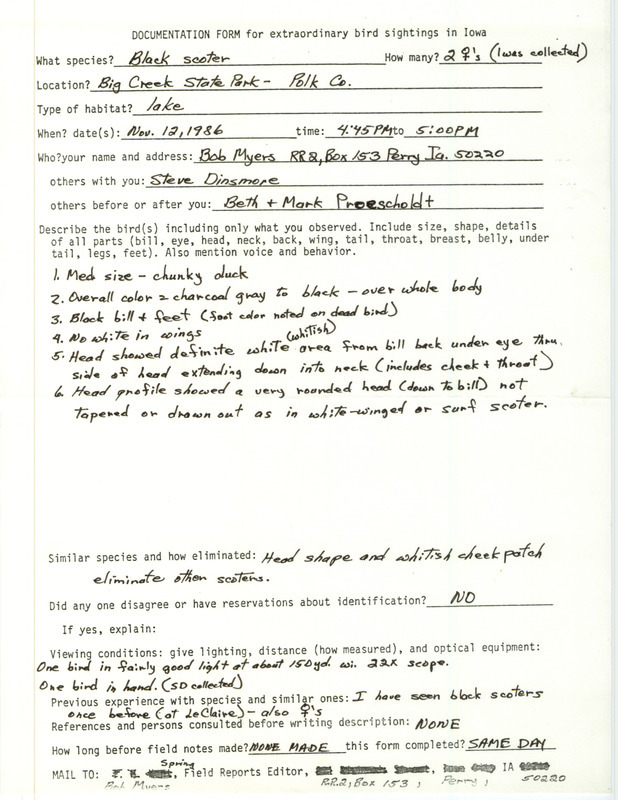 Rare bird documentation form for two Black Scoters at Big Creek State Park in Polk County, IA on November 12, 1986.