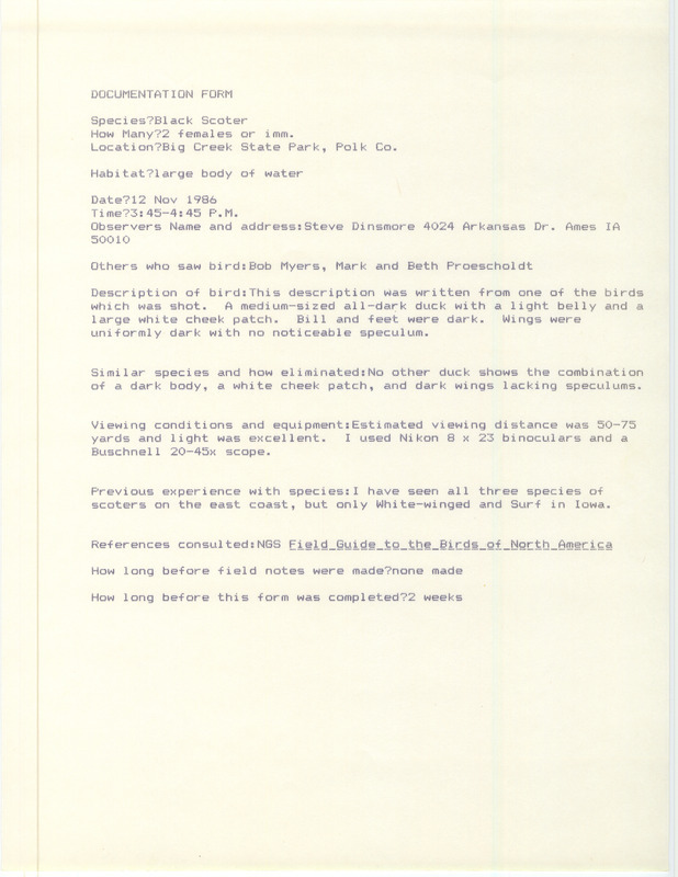 Rare bird documentation form for two Black Scoters at Big Creek State Park in Polk County, IA on November 12, 1986.