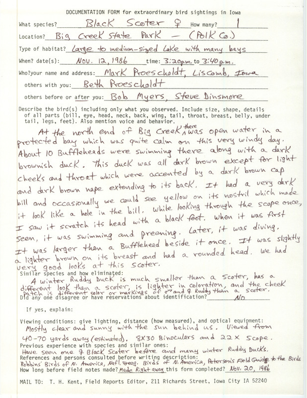 Rare bird documentation form for a Black Scoter at Big Creek State Park in Polk County, IA on November 12, 1986.