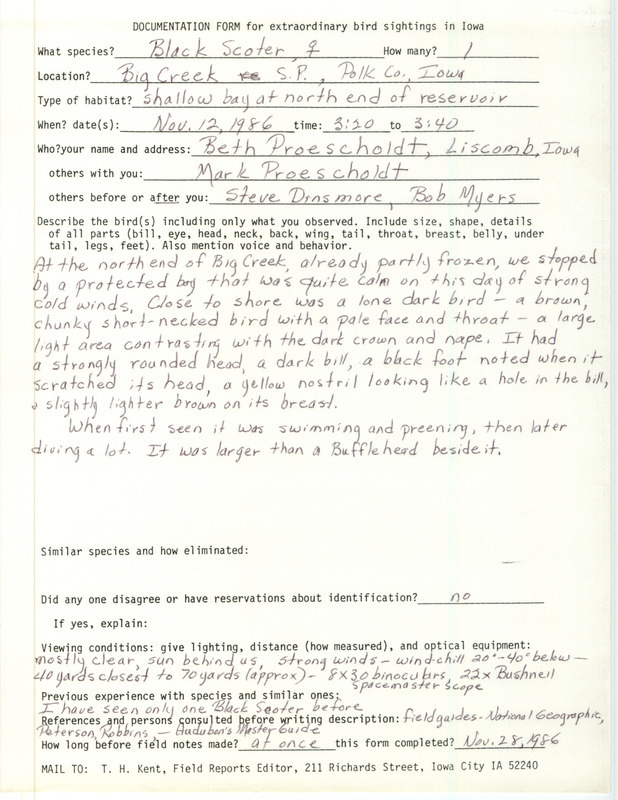 Rare bird documentation form for a Black Scoter at Big Creek State Park in Polk County, IA on November 12, 1986.