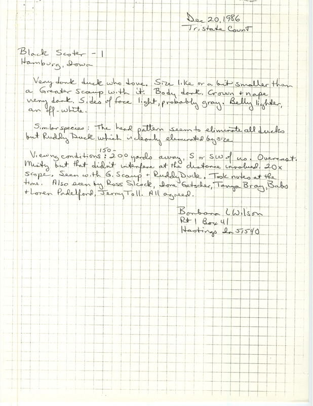 Field notes contributed by Barbara L. Wilson detailing the sighting of a Black Scoter at Hamburg in Fremont County, IA on December 20, 1986.