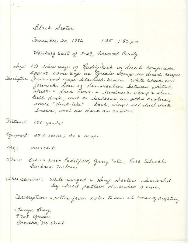 Rare bird documentation form for a Black Scoter at Hamburg exit on I-29 in Fremont County, IA on December 20, 1986.