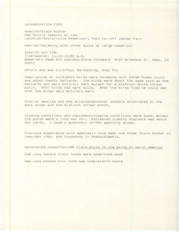 Rare bird documentation form for two Black Scoters at Saylorville Reservoir in Polk County, IA on October 25, 1987.