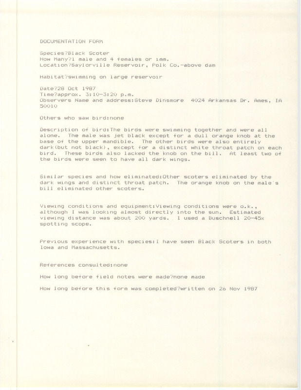 Rare bird documentation form for five Black Scoters at Saylorville Reservoir in Polk County, IA on October 28, 1987.