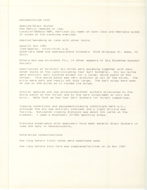 Rare bird documentation form for six Black Scoters at DeSoto National Wildlife Refuge in Harrison County, IA on October 31, 1987.