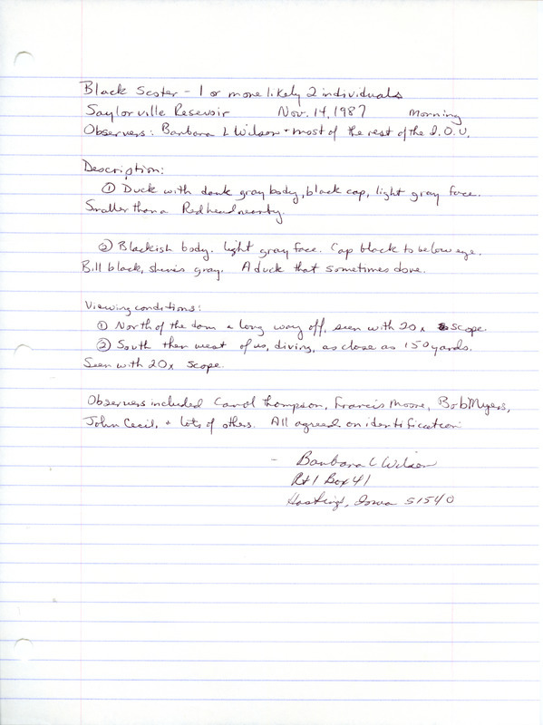 Field notes contributed by Barbara L. Wilson detailing the sighting of a Black Scoter at Saylorville Reservoir in Polk County, IA on November 14, 1987.