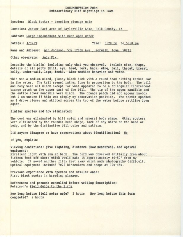 Rare bird documentation form for a Black Scoter at Jester Park at Saylorville Lake in Polk County, IA on April 9, 1989.