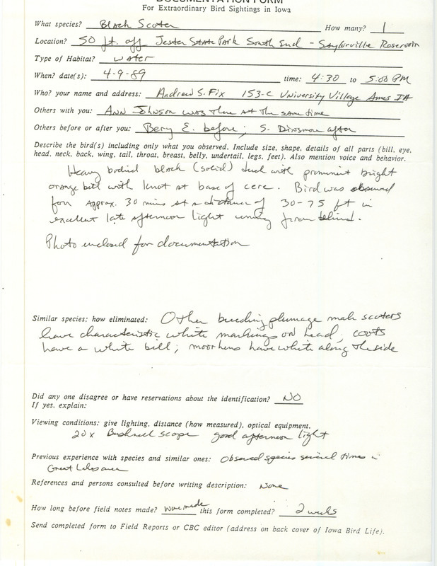 Rare bird documentation form for a Black Scoter at Jester Park at Saylorville Lake in Polk County, IA on April 9, 1989.