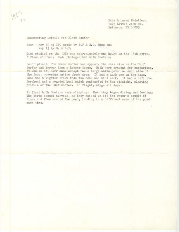 Rare bird documentation form for two separate sightings for a Black Scoter at MidAmerican Energy Ponds in Pottawattamie County, IA on May 12 and 13, 1989.