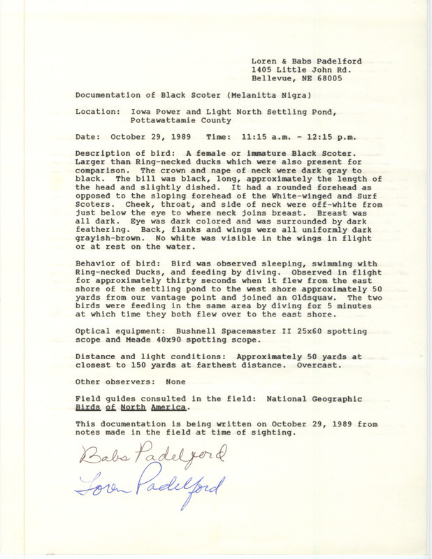 Rare bird documentation form for a Black Scoter at MidAmerican Energy Ponds in Pottawattamie County, IA on October 29, 1989.