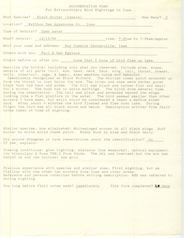 Rare bird documentation form for two Black Scoters at Rathbun Dam in Appanoose County, IA on December 15, 1990.