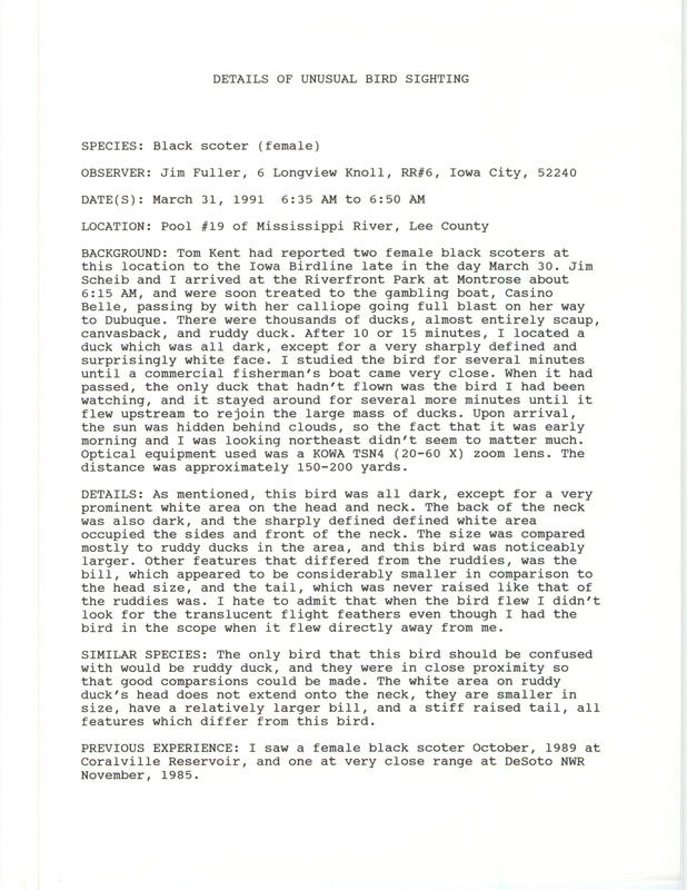 Rare bird documentation form for a Black Scoter at Pool 19 in Lee County, IA on March 31, 1991.