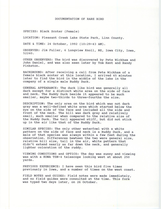 Rare bird documentation form for a Black Scoter at Pleasant Creek Lake State Park in Linn County, IA on October 24, 1992.