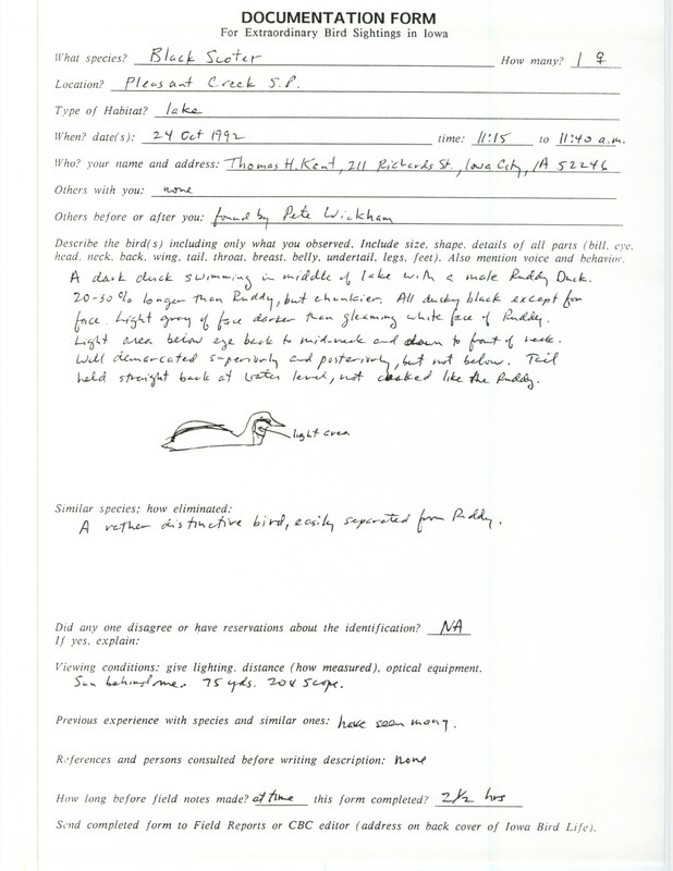 Rare bird documentation form for a Black Scoter at Pleasant Creek State Park in Linn County, IA on October 24, 1992.