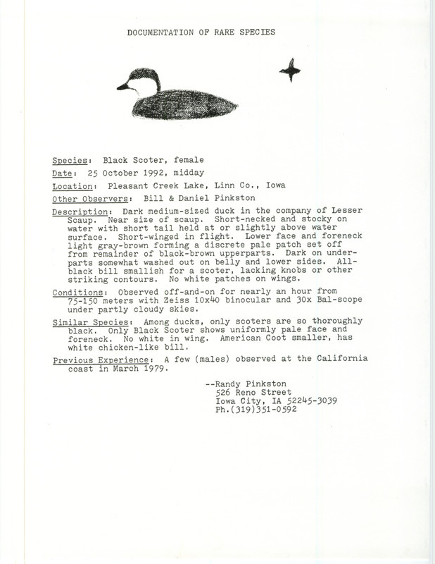 Rare bird documentation form for a Black Scoter at Pleasant Creek Lake in Linn County, IA on October 25, 1992.