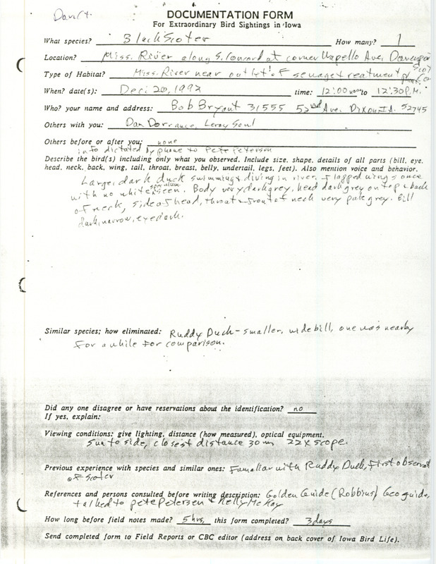 Rare bird documentation form for a Black Scoter at Davenport in Scott County, IA on December 20, 1992.