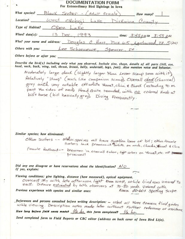 Rare bird documentation form for a Black Scoter at West Okoboji Lake in Dickinson County, IA on December 13, 1993.