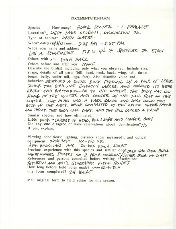 Rare bird documentation form for a Black Scoter at West Lake Okoboji in Dickinson County, IA on December 18, 1993.