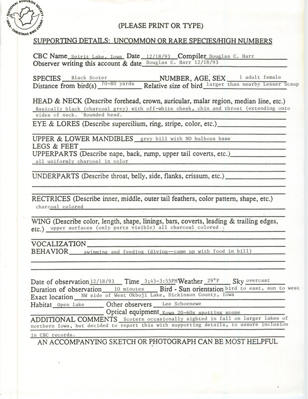 Rare bird documentation form for a Black Scoter at West Okoboji Lake in Dickinson County, IA on December 18, 1993.