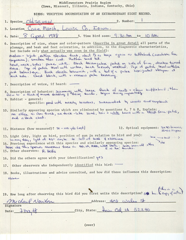 Rare bird documentation form for a Long-tailed Duck at Cone March in Louisa County, IA on April 8, 1978.