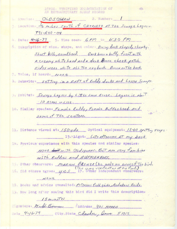 Rare bird documentation form for a Long-tailed Duck at Cherokee in Cherokee County, IA on April 16, 1979.