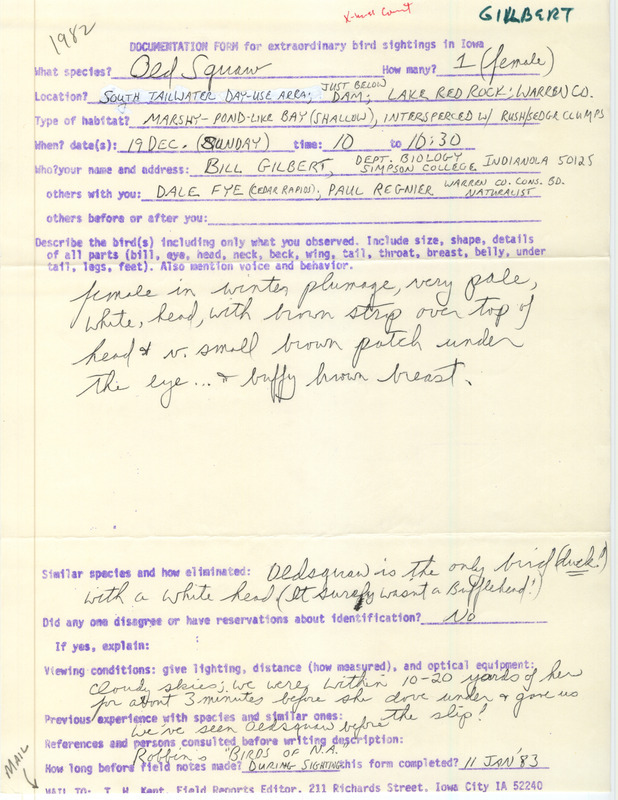 Rare bird documentation form for a Long-tailed Duck at Lake Red Rock in Warren County, IA on December 19, 1982.