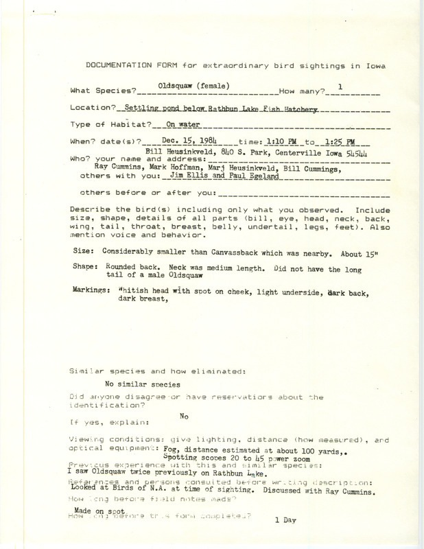 Rare bird documentation form for Long-tailed Duck at Rathbun Lake Fish Hatchery in Appanoose County, IA on December 15, 1984.