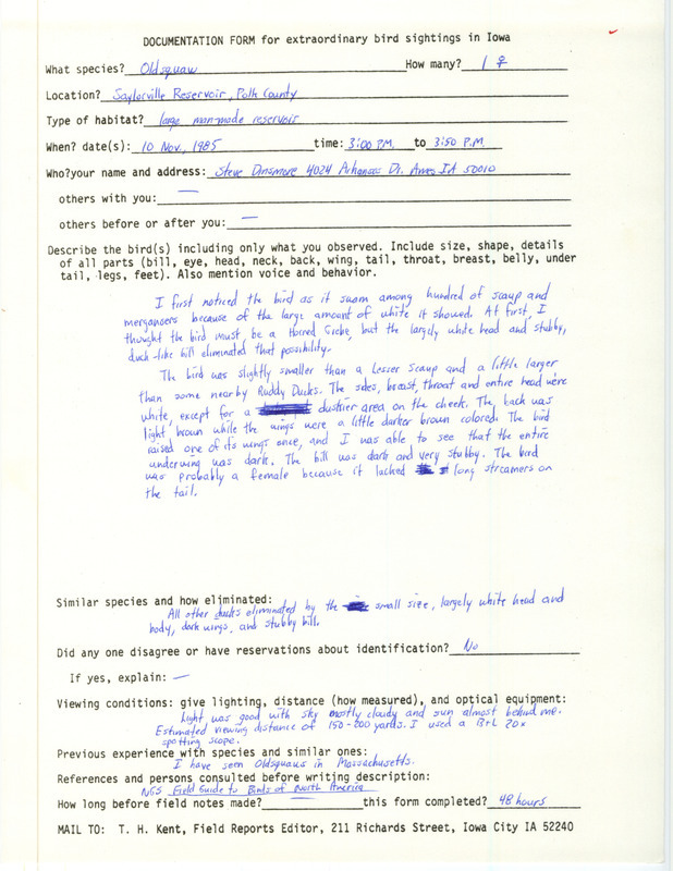 Rare bird documentation form for a Long-tailed Duck at Saylorville Reservoir in Polk County, IA on November 10, 1985.