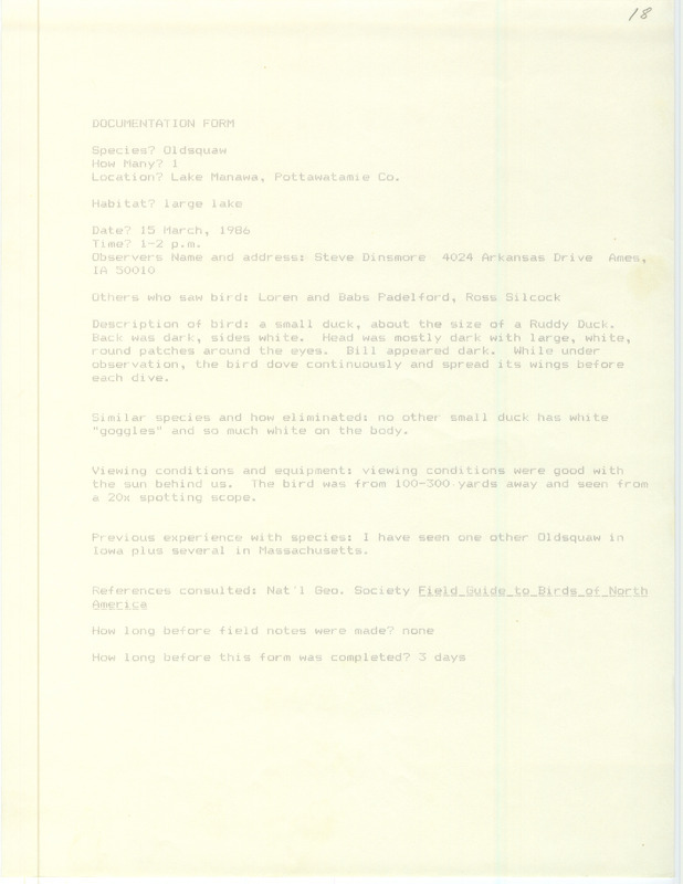 Rare bird documentation form for a Long-tailed Duck at Lake Manawa in Pottawattamie County, IA on March 15, 1986.