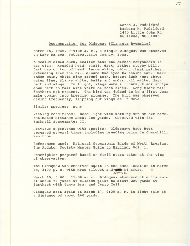 Rare bird documentation form for Long-tailed Duck at Lake Manawa in Pottawattamie County, IA on March 15, 1986.