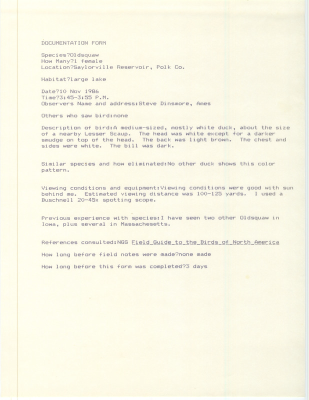 Rare bird documentation form for a Long-tailed Duck at Saylorville Reservoir in Polk County, IA on November 10, 1986.