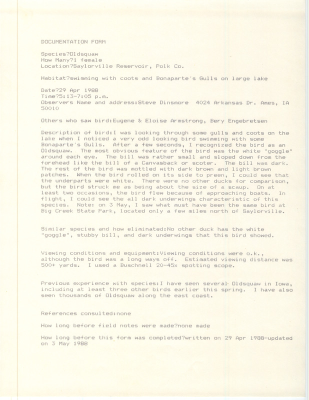 Rare bird documentation form for a Long-tailed Duck at Saylorville Reservoir in Polk County, IA on April 29, 1988.