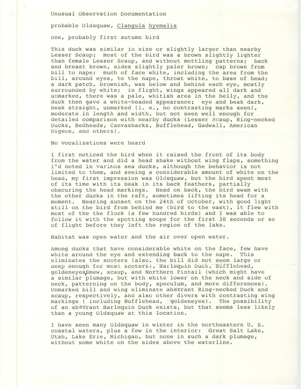 Rare bird documentation form for a Long-tailed Duck at Lake Manawa in Pottawattamie County, IA on October 24, 1988.