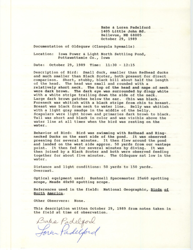 Rare bird documentation form for a Long-tailed Duck at MidAmerican Energy Ponds in Pottawattamie County, IA on October 29, 1989.