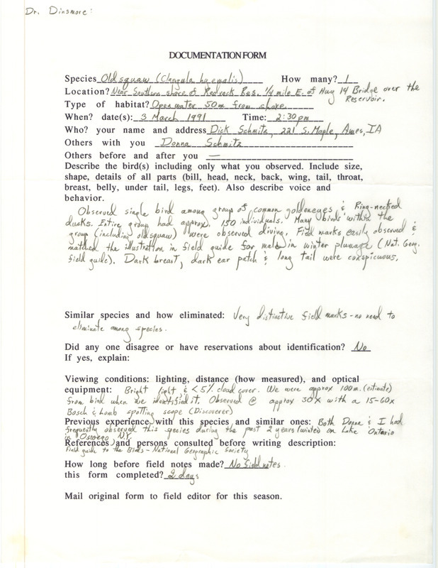 Rare bird documentation form for a Long-tailed Duck at Red Rock Reservoir in Marion County, IA on March 3, 1991.