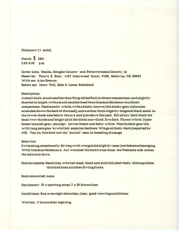 Rare bird documentation form for a Long-tailed Duck at Carter Lake in Pottawattamie County, IA on March 3, 1991.