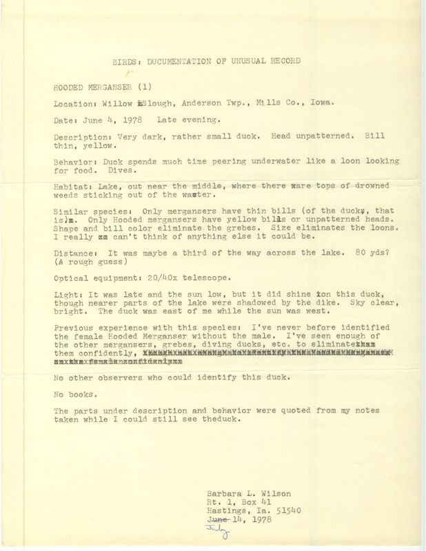 Rare bird documentation form for a Hooded Merganser at Willow Slough in Mills County, IA on June 4, 1978.