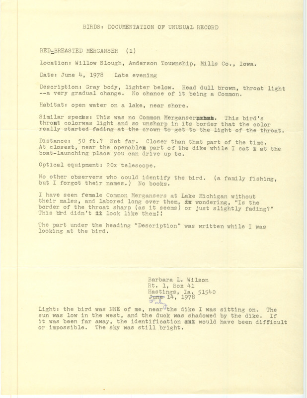 Rare bird documentation form for a Red-breasted Merganser at Willow Slough in Mills County, IA on June 4, 1978.