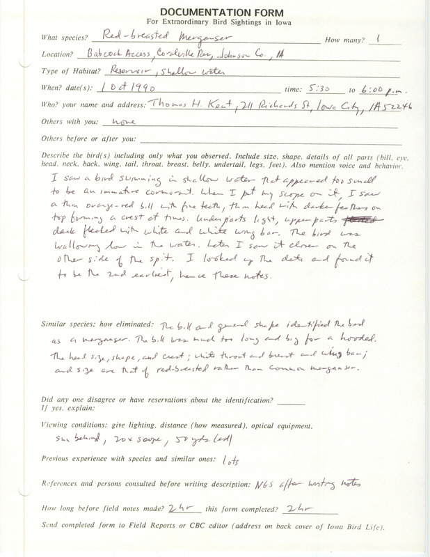 Rare bird documentation form for a Red-breasted Merganser at Coralville Reservoir in Johnson County, IA on October 1, 1990.