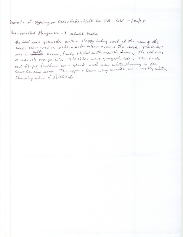 Rare bird sighting details for Red-breasted Merganser during the Cedar Falls-Waterloo Christmas Bird County in Black Hawk County, IA on December 20, 1998.