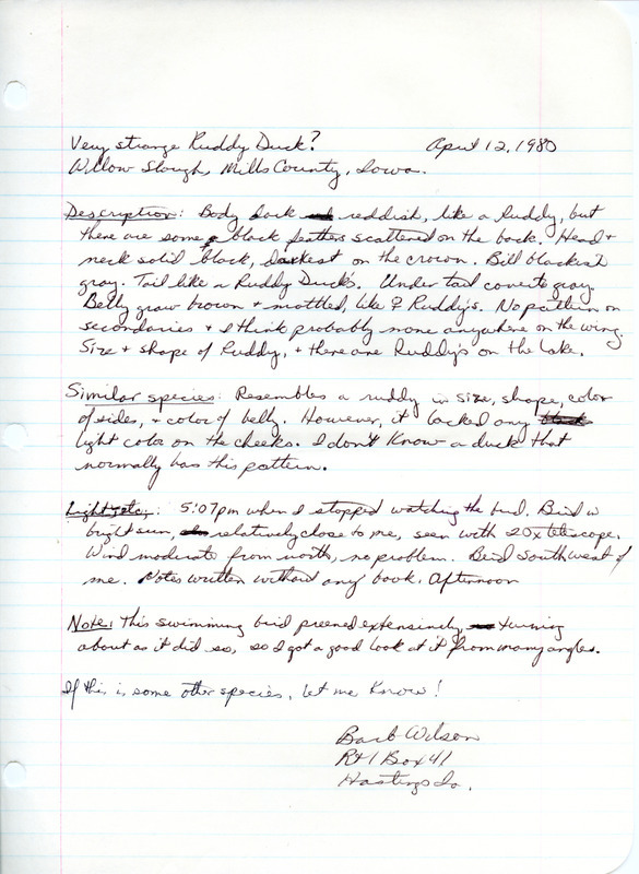 Rare bird documentation form for a Ruddy Duck at Willow Slough in Mills County, IA on April 12, 1980.