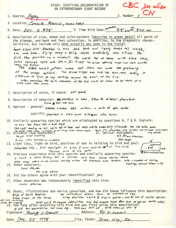 Rare bird documentation form for a Osprey at Coralville Reservoir in Johnson County, IA on December 16, 1978.